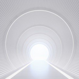 modern white interior with tunnel space 3d rendering image.white curved corridor there is light at the destination.
