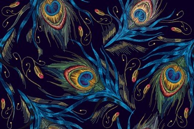 fashionable template for design of clothes. tails of peacocks vector. embroidery peacock feathers seamless pattern. classical fashionable embroidery beautiful peacocks feathers