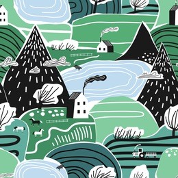 hand drawn vector abstract scandinavian graphic illustration seamless pattern with house,trees and mountains. nordic nature landscape concept. perfect for kids fabric, textile, nursery wallpaper.