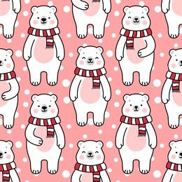 cute polar bears seamless pattern, cartoon animal background,  vector illustration