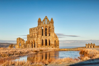 whitby abbey, north yorkshire, england, uk, on a sunny winter morning.
