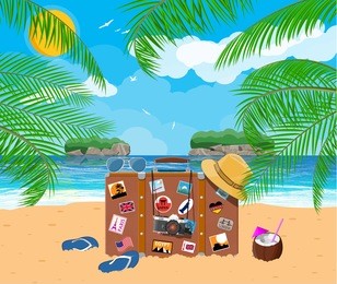vintage old travel suitcase on beach. leather retro bag with stickers. hat, photo camera, eyeglasses, island palm coconut. sand beach, sea, cloud, sun. vacation travel. vector illustration flat style