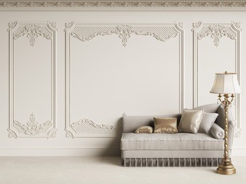 classic furniture in classic interior with copy space.white walls with mouldings and ornated cornice.digital illustration.3d rendering