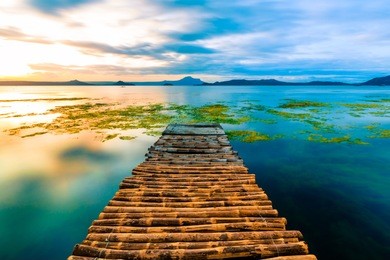 a bamboo dock leading onto taal lake