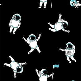 cute funny cosmonaut astronaut spaceman characters exploring outer space with dog seamless abstract background cartoon pattern for wallpaper, textile, prints. flat line design. vector illustration.