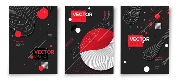 vector new memphis style poster templates, dark modern background with geometric shapes and place for your text.