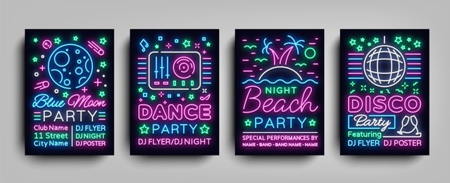 nightclub party collection of posters. night party, neon sign, neon sign flyer, disco ball, musical night poster template, bright neon advertising, concert, disco, festival. vector illustrations