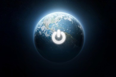 turn on button on earth in dark space. on/off ecology light switch. elements of this image furnished by nasa