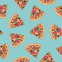 pizza slices on a blue background. seamless pattern. pizza with salami, tomatoes and mushrooms. vector illustration