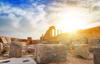 greece. rhodes. acropolis of lindos. doric columns  the ancient temple  athena lindia the iv century bc and the bay  st. paul