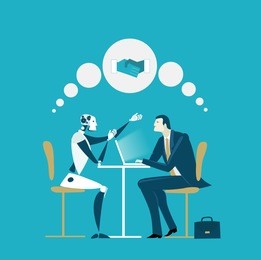 businessmen and robot having discussion. future reality, artificial intellect. humans vs robots.