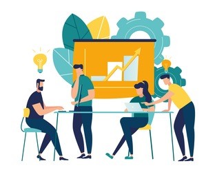vector illustration. training of office staff. increase sales and skills. team thinking and brainstorming. analytics of company information. 
