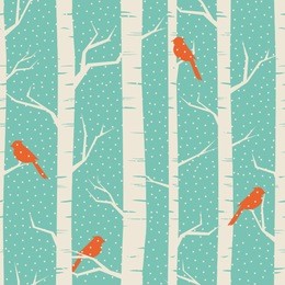 seamless pattern with birches and birds in winter.