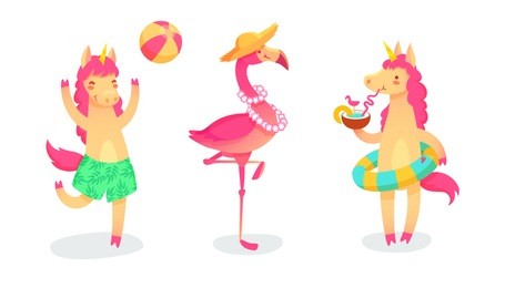 cool set with cartoon unicorns and flamingo on summer holidays. vector trendy collection.