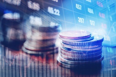 graph on rows of coins for finance and banking on digital stock market financial exchange and trading graph double exposure city on the background