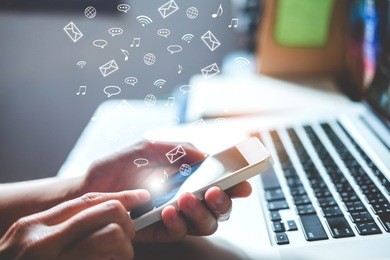 man using mobile online  icon social networking connection on screen