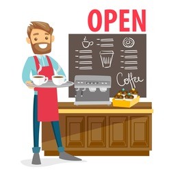 young caucasian white barista standing in front of the counter with coffee machine in the coffee shop. small business cocept. vector cartoon illustration isolated on white background. square layout.