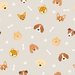 dog breeds head seamless pattern, light background, footprint and bone