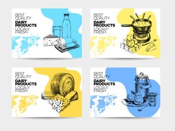 beautiful vector hand drawn dairy products card set. detailed trendy style backgrounds. modern sketch elements collection for packaging design.