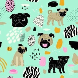 cute dogs seamless pattern. childish background with pug puppies and abstract elements. baby freehand doodle for fabric textile, wallpaper, wrapping. vector illustration