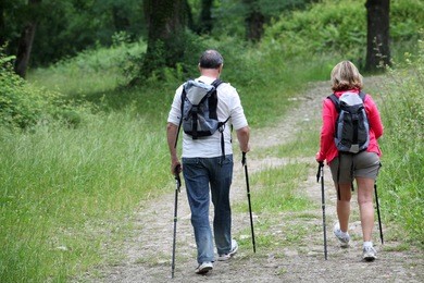 back view of senior couple hiking in forest pathway