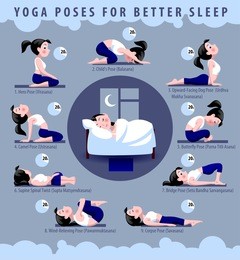yoga poses for better sleep. fitness exercises with cartoon girl in blue and white suit in flat syle