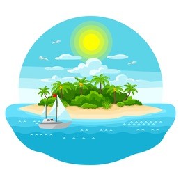 illustration of tropical island in ocean. landscape with ocean, palm trees and yacht. travel background.
