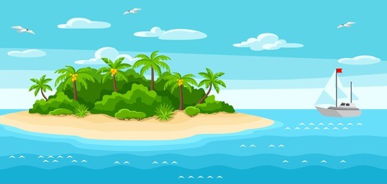 illustration of tropical island in ocean. landscape with ocean, palm trees and yacht. travel background.