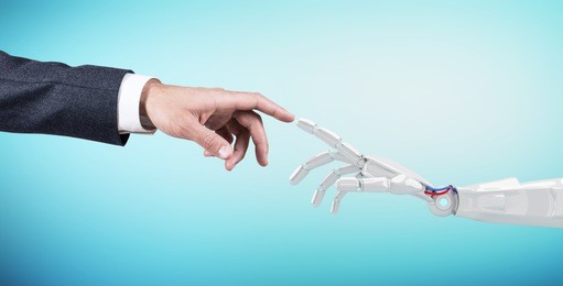 human hand touching a robot's hand. 3d rendering.