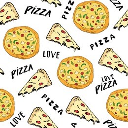pizza seamless pattern hand drawn sketch. pizza slice doodles and words pizza love food background. vector illustration.