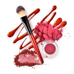 collection of various make up artist shade trendy cosmetic with powder lip eyeshadow and blush on white background