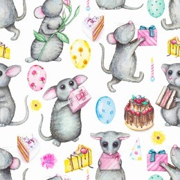 seamless background pattern with cute mice, gifts, balloons, cake, candles and flowers. watercolor hand drawn illustration