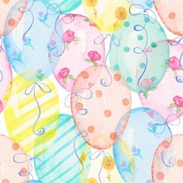 seamless background pattern with colored balloons. watercolor hand drawn illustration