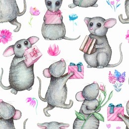 seamless background pattern with cute mice, gifts and flowers. watercolor hand drawn illustration