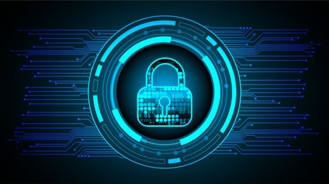 safety concept, closed padlock on digital background, cyber security, blue abstract hi speed internet technology background illustration. key vector