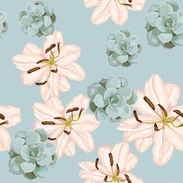 vector seamless floral pattern with retro flowers. wallpaper with lily on blue background, vector illustration. vintage lilies and succulents.