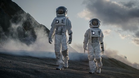 two astronauts in space suits confidently walking on alien planet, exploration of the the planet's surface. in the background research base/ station and rover. space travel, colonization concept.