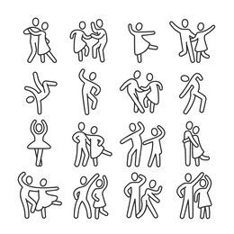 happy dancing woman and man couple icons. disco dance lifestyle vector pictograms. illustration of couple dance, happy dancer person, ballet and salsa, latin and flamenco