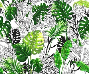 botanical background with tropical palm leaves. seamless vector pattern in trendy hawaiian style.