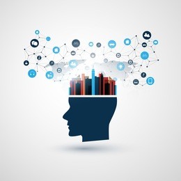 abstract machine and deep learning, artificial intelligence, cloud computing, smart city and networks design concept with icons and human head