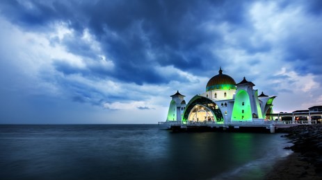 mosque strait malacca at dusk