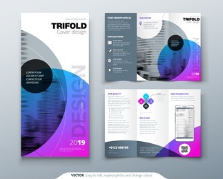 tri fold brochure design. purple corporate business template for tri fold flyer. layout with modern circle photo and abstract background. creative concept 3 folded flyer or brochure.