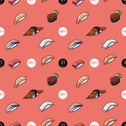 sushi nigiri, japanese traditional food, cuisine dishes,salmon, maguro, ikura, unagi,squid,gunkanmaki, 
seamless pattern background vector illustration- pink color