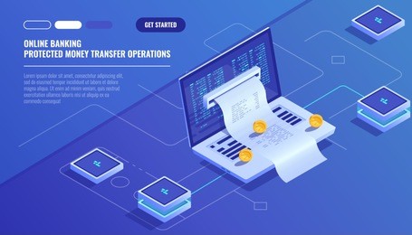 internet payments, protection money transfer, online bank, budget accounting, electronic bill, laptop with paper receipt isometric vector technology
