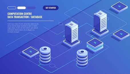 computation of big data center, information processing, database. internet traffic routing, server room rack isometric vector technology