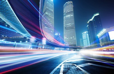 the light trails on the modern building background in shanghai china.