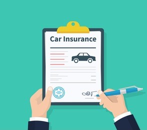 man signs a legal document auto insurance. claim form. car protection property. car insurance form. vector illustration flat design on background