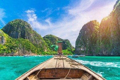 landscape of nature sea beach with boat and island at sunshine time, maya bay, phi phi island, krabi, phuket, travel thailand, beautiful destination place asia, summer holiday outdoor vacation trip