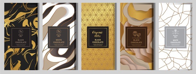 chocolate bar packaging mock up set. elements,labels,icon,frames, for design of luxury products.made with golden foil.isolated on flower and brown background. vector illustration