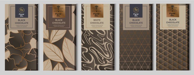 chocolate bar packaging mock up set. elements,labels,icon,frames, for design of luxury products.made with golden foil.isolated on geometric and brown background. vector illustration